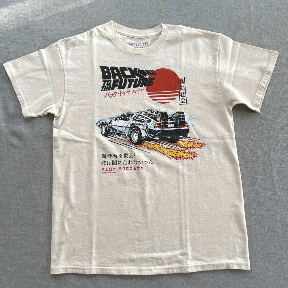 Riot Society Back to the Future Kanji DeLorean Graphic T-Shirt Mens M Cream